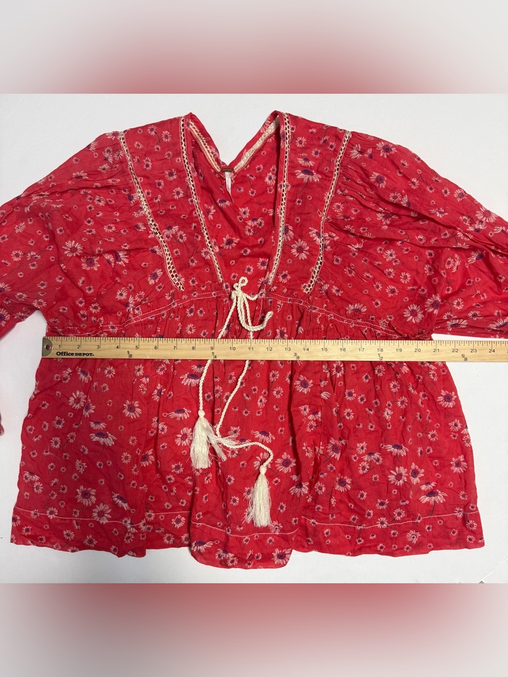 NWT Free People BoHo Red Floral Tassel Peasant Tunic top women’s M - Picture 9 of 16